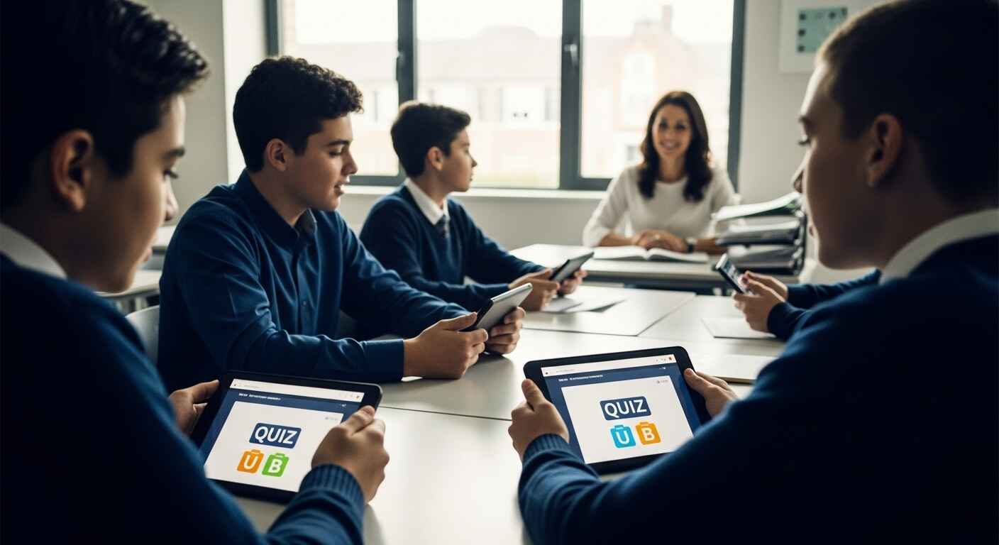 Students transitioning between classroom activities while playing a digital game on their tablets.