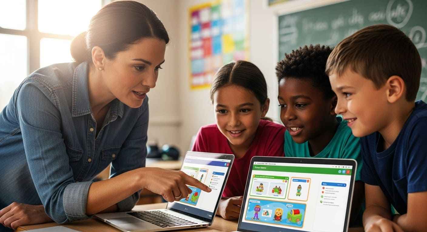 Teacher guiding students to connect a fun educational game to deeper learning goals in class.