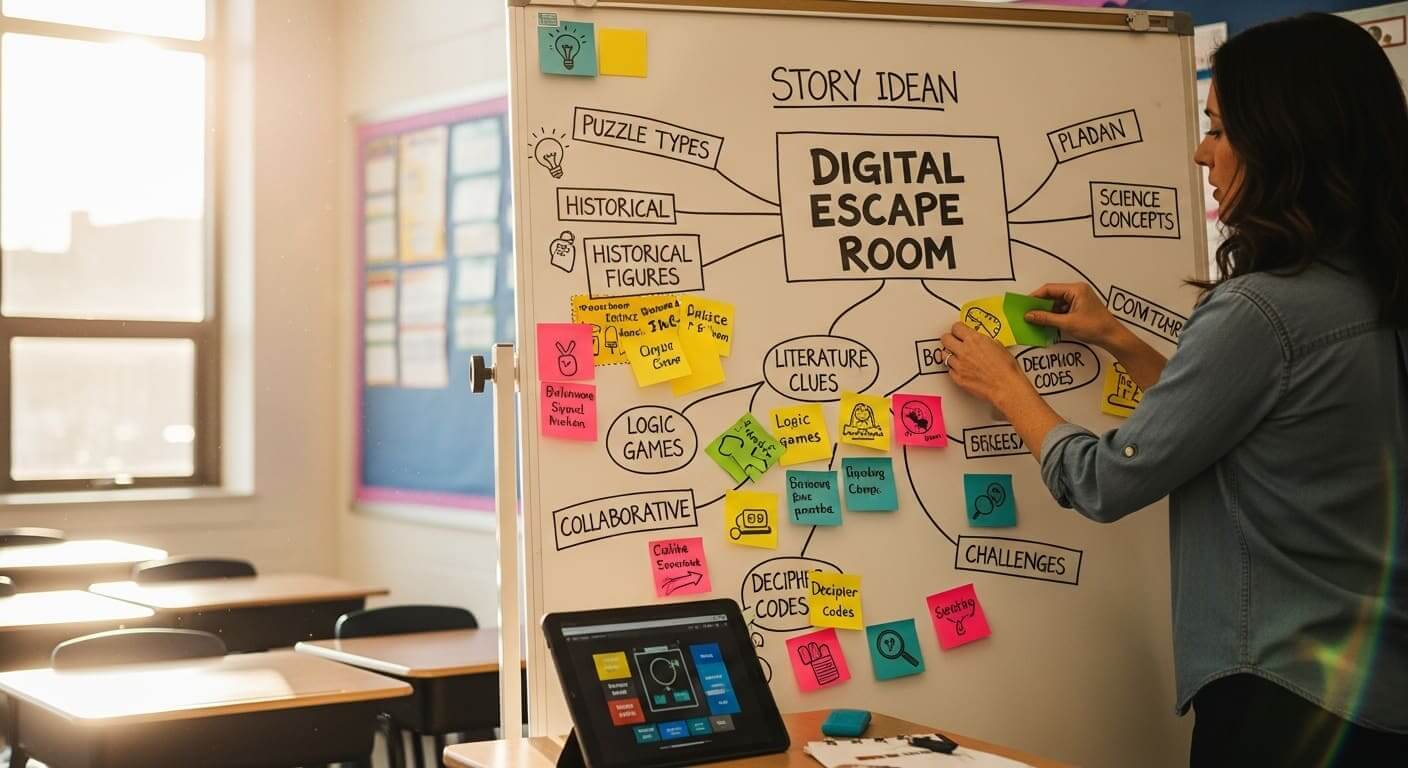 Teacher brainstorming escape room story ideas for classroom learning on a whiteboard with colorful notes.