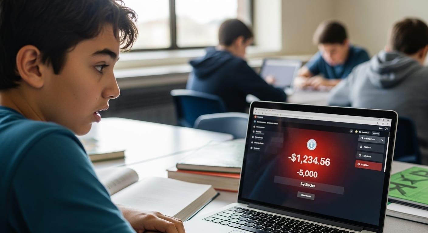 Student noticing a virtual debt balance in Gimkit, highlighting the concept of negative in-game currency.