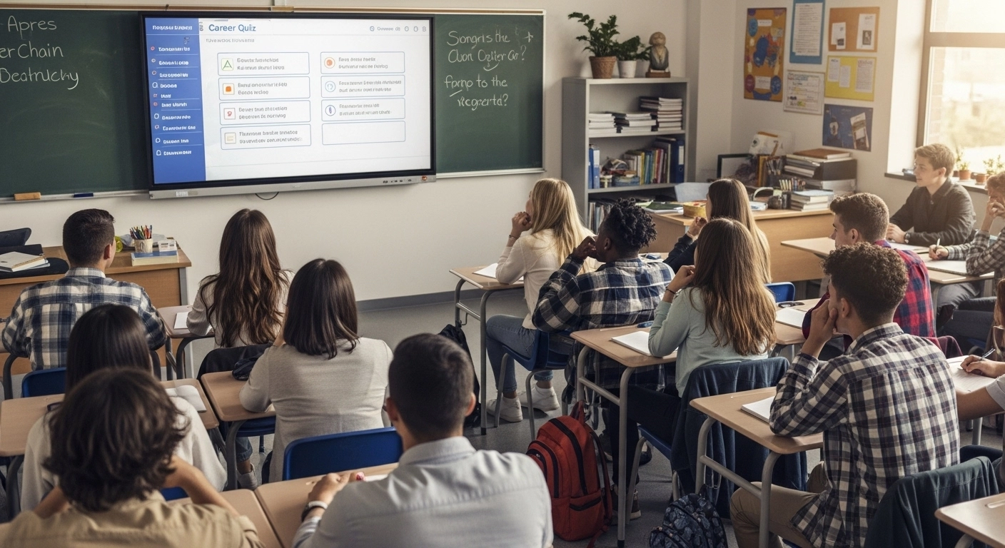 Teen students participating in a job quiz on a classroom screen, uncovering various career possibilities.

