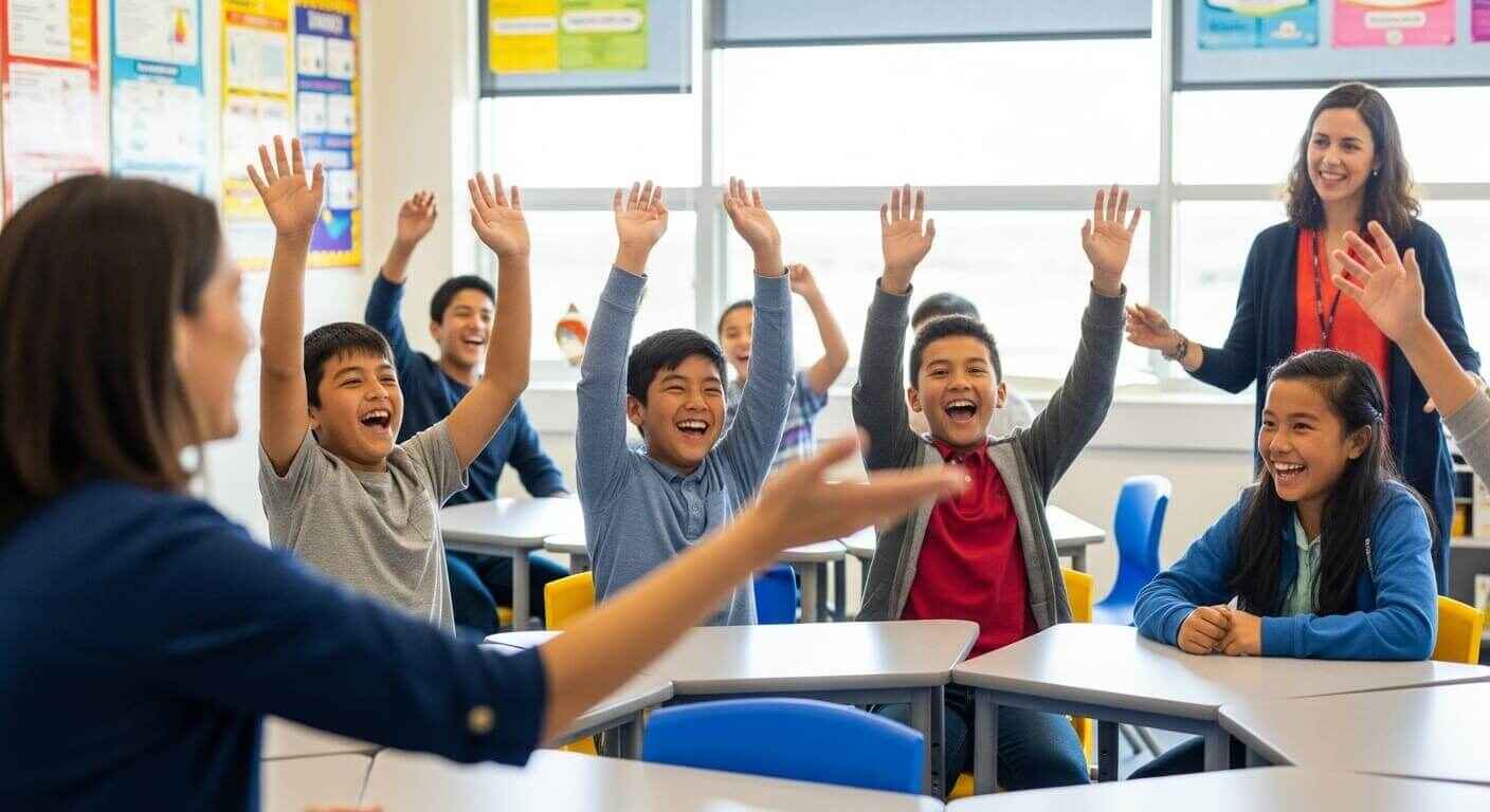Excited students raising hands in a classroom while playing a quick polling game.
