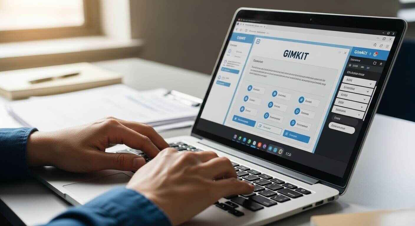 Close-up of a teacher designing diagnostic questions for Gimkit on a laptop with notes and textbooks around.