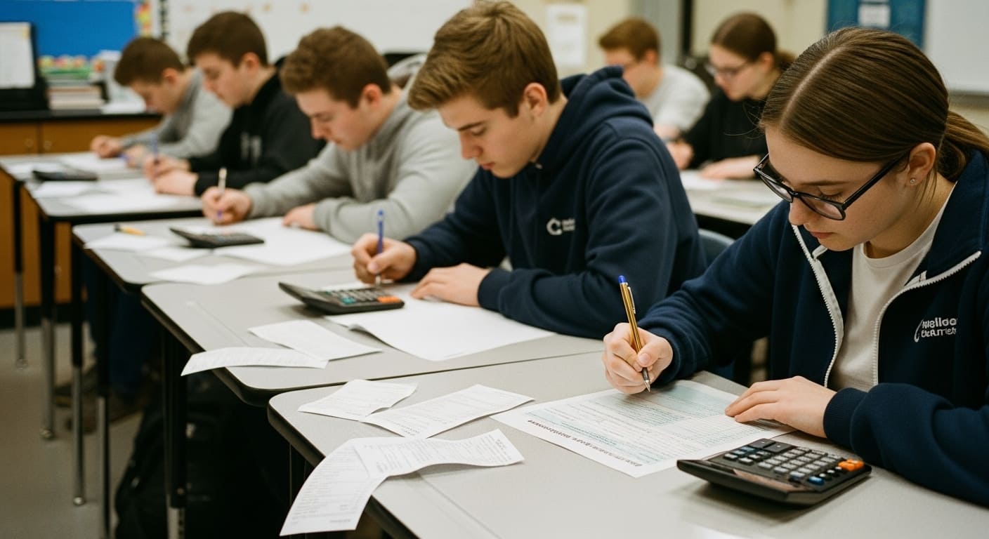 High school classroom with students using worksheets to simulate tax calculations