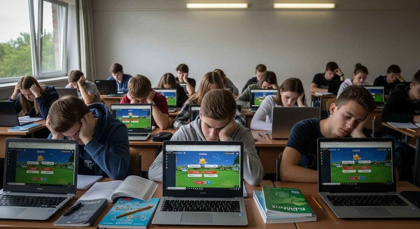 Overwhelmed students in a classroom reacting to too many Gimkit sessions in a day