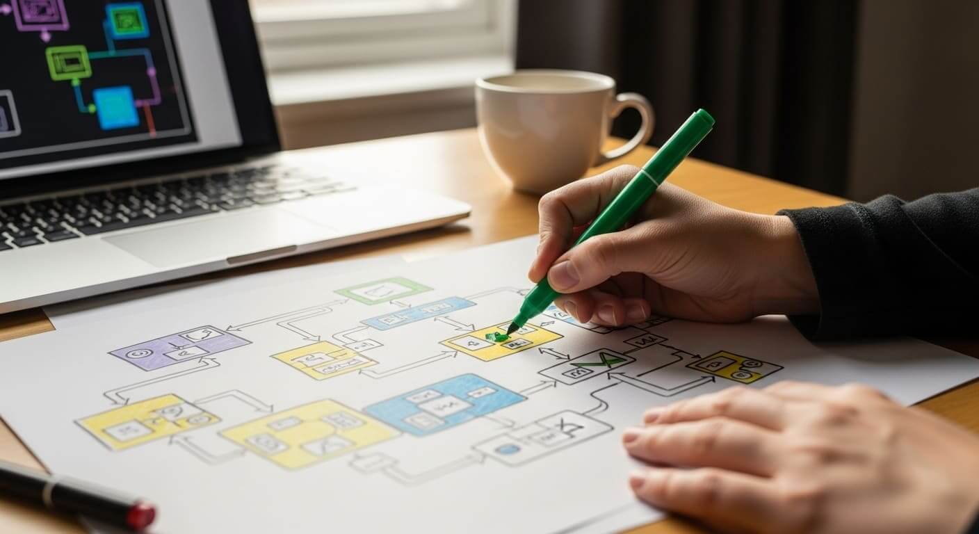 Hand-drawn escape room flowchart showing puzzle sequence and clues for a classroom game.