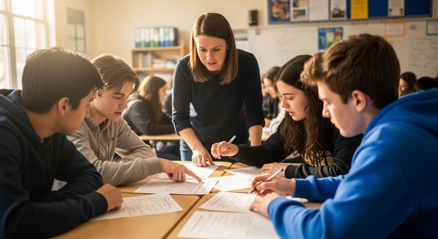 Students discussing a classroom scenario challenge presented by the teacher