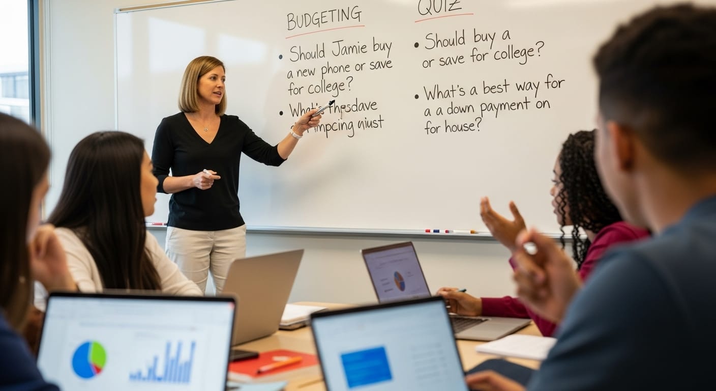 Classroom scene where students solve realistic budgeting problems through Gimkit quiz questions.