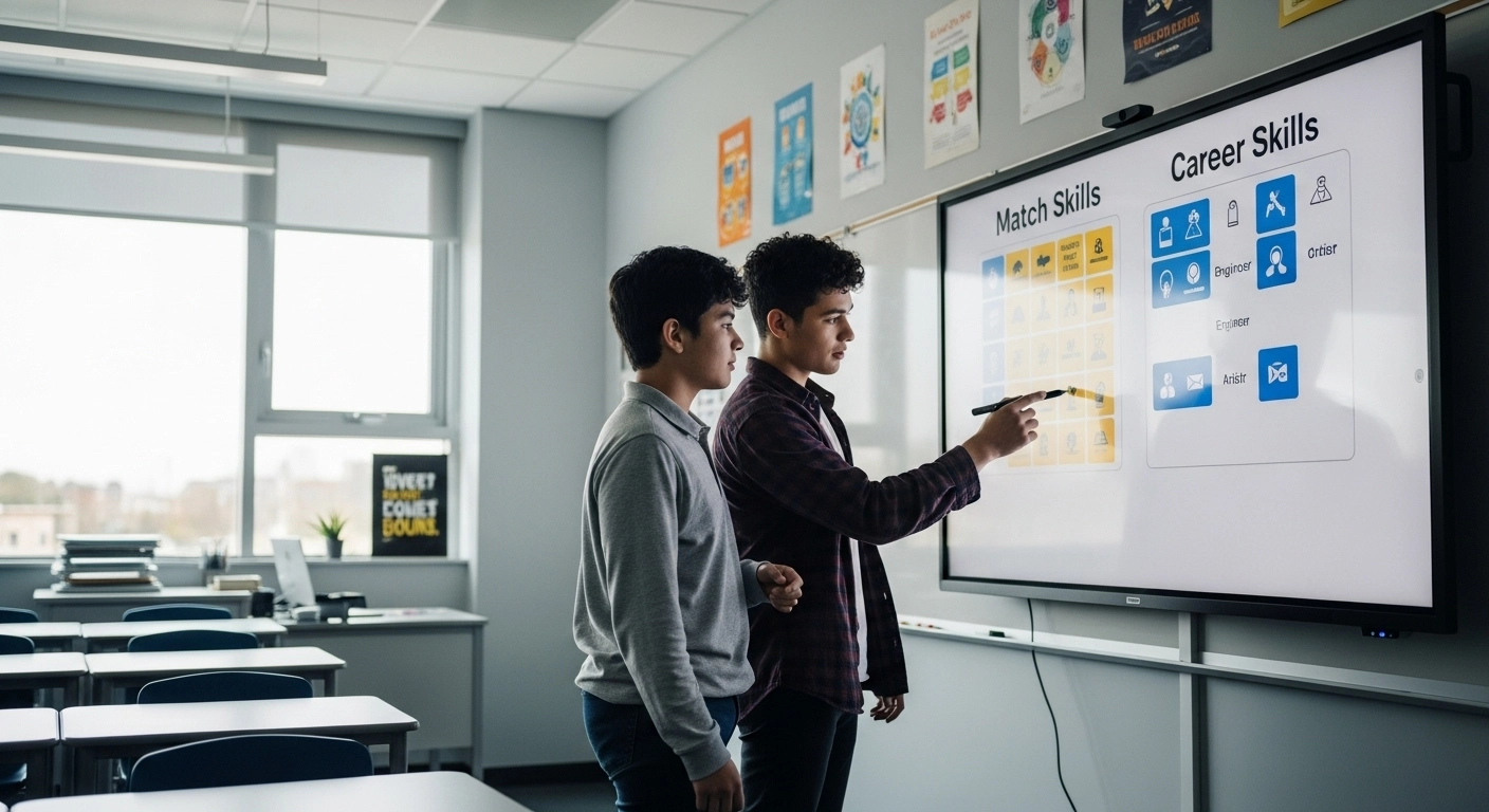 Students identifying critical skills for professions using interactive classroom technology.