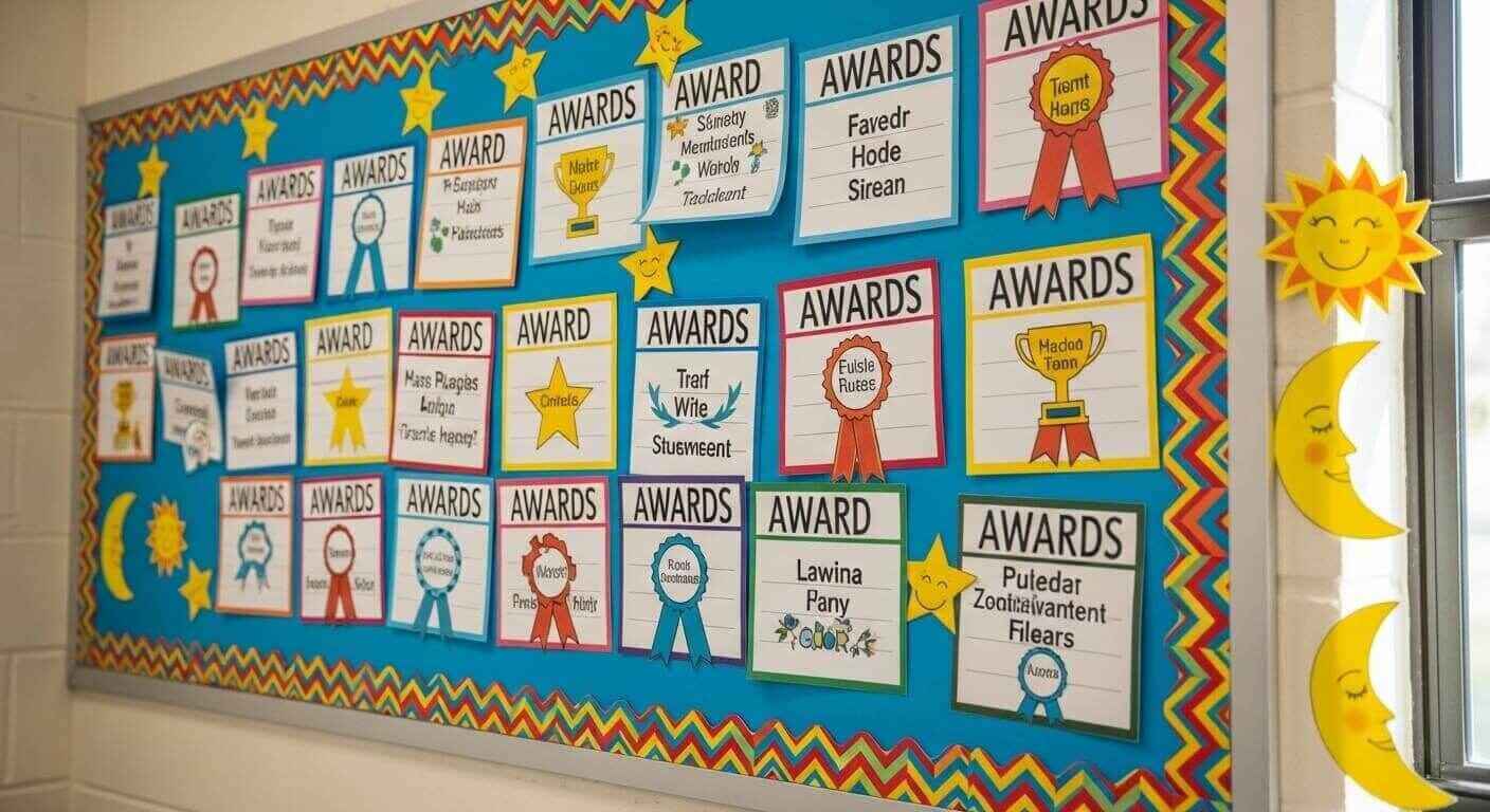 Colorful classroom bulletin board with award categories like teamwork, growth, and creativity.