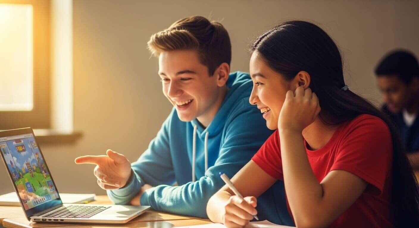 Students working together in pairs during a classroom game, building empathy and positive communication skills.