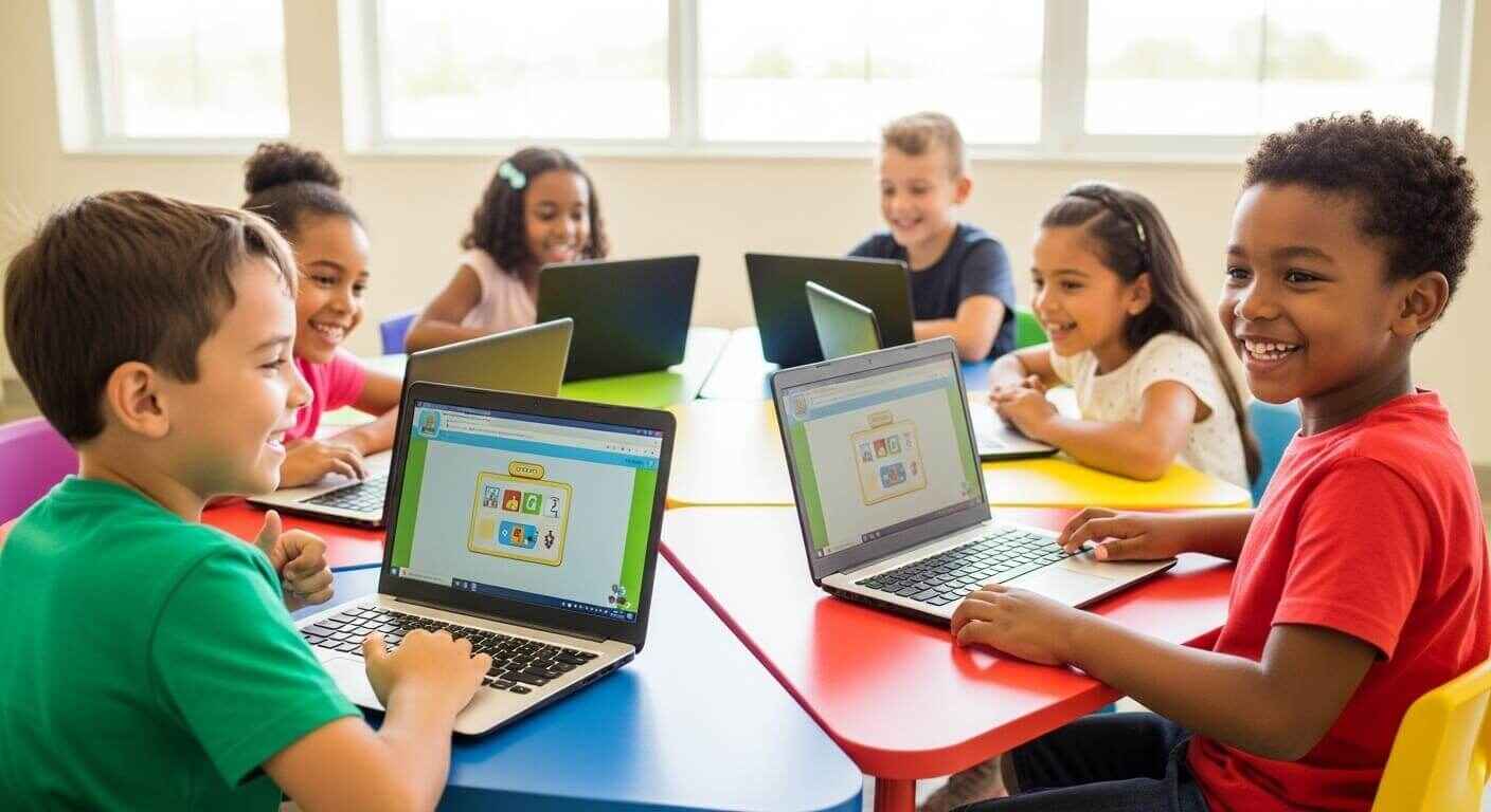 Students playing Gimkit in a lively classroom, exploring different game modes designed for assessments.