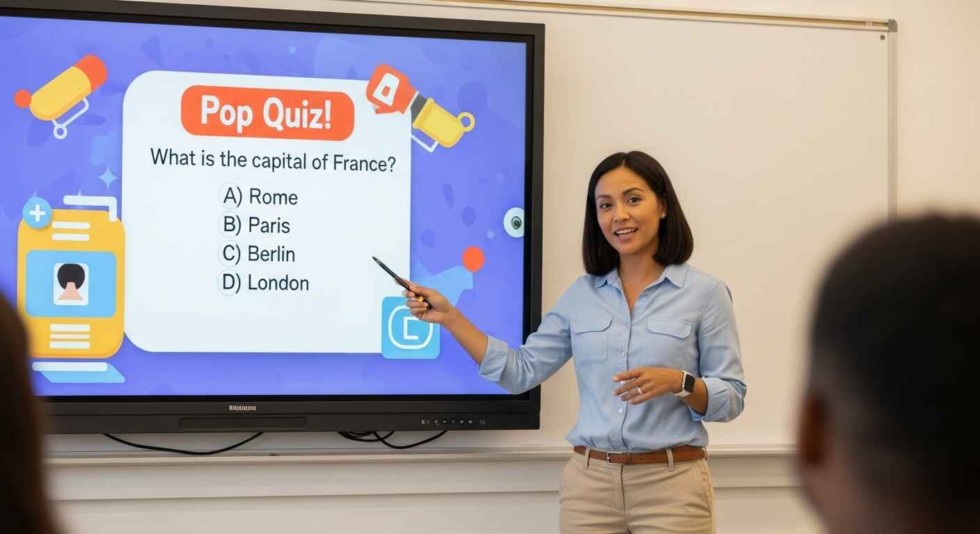 A teacher announcing instructions through an interactive quiz game displayed on a large screen.