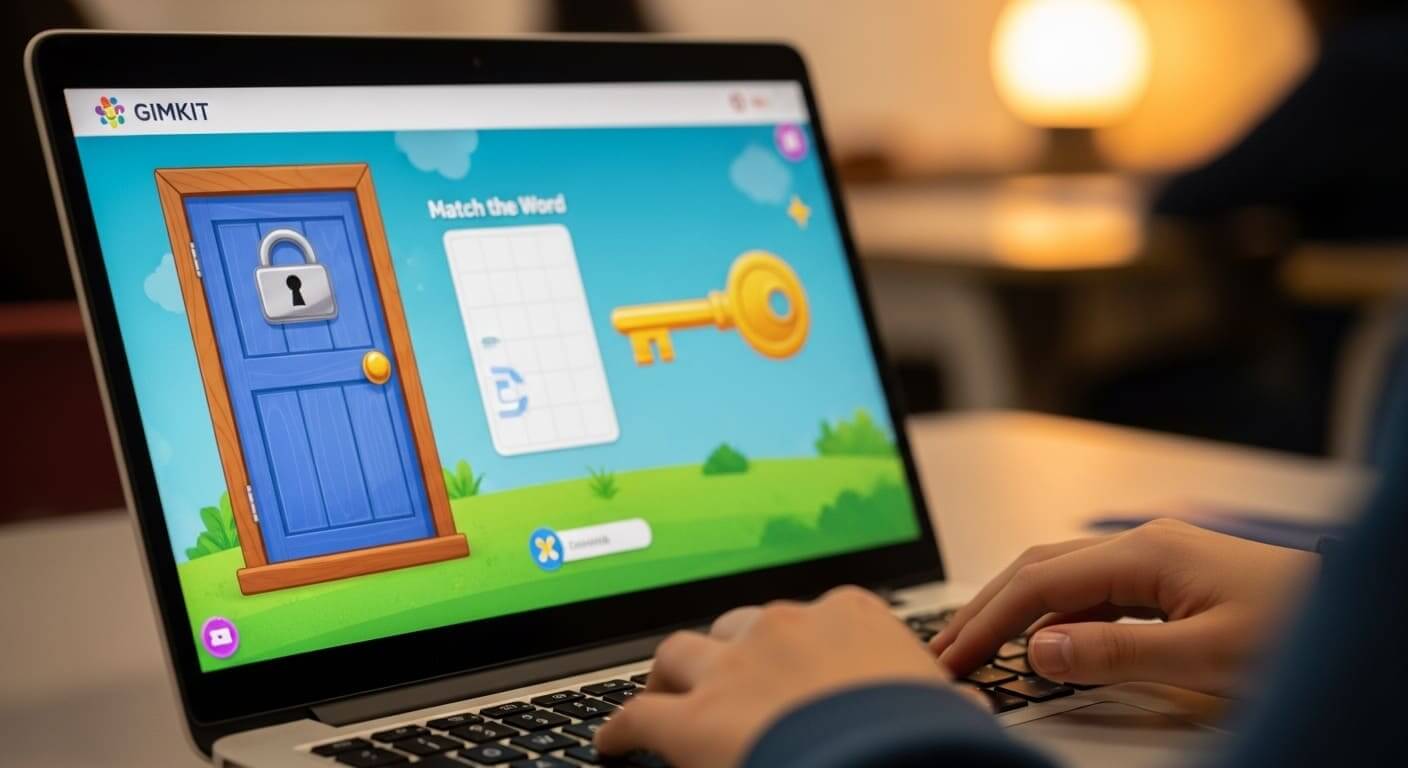 Student solving a Gimkit digital escape room puzzle on a laptop with colorful graphics.