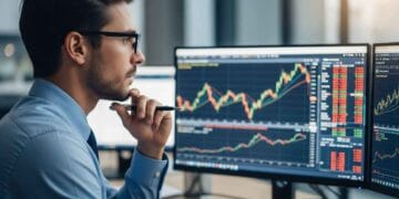 A professional investor looking at a screen with financial charts and graphs, representing a strategic approach to managing risk in a tech-heavy portfolio using Nasdaq Index futures.