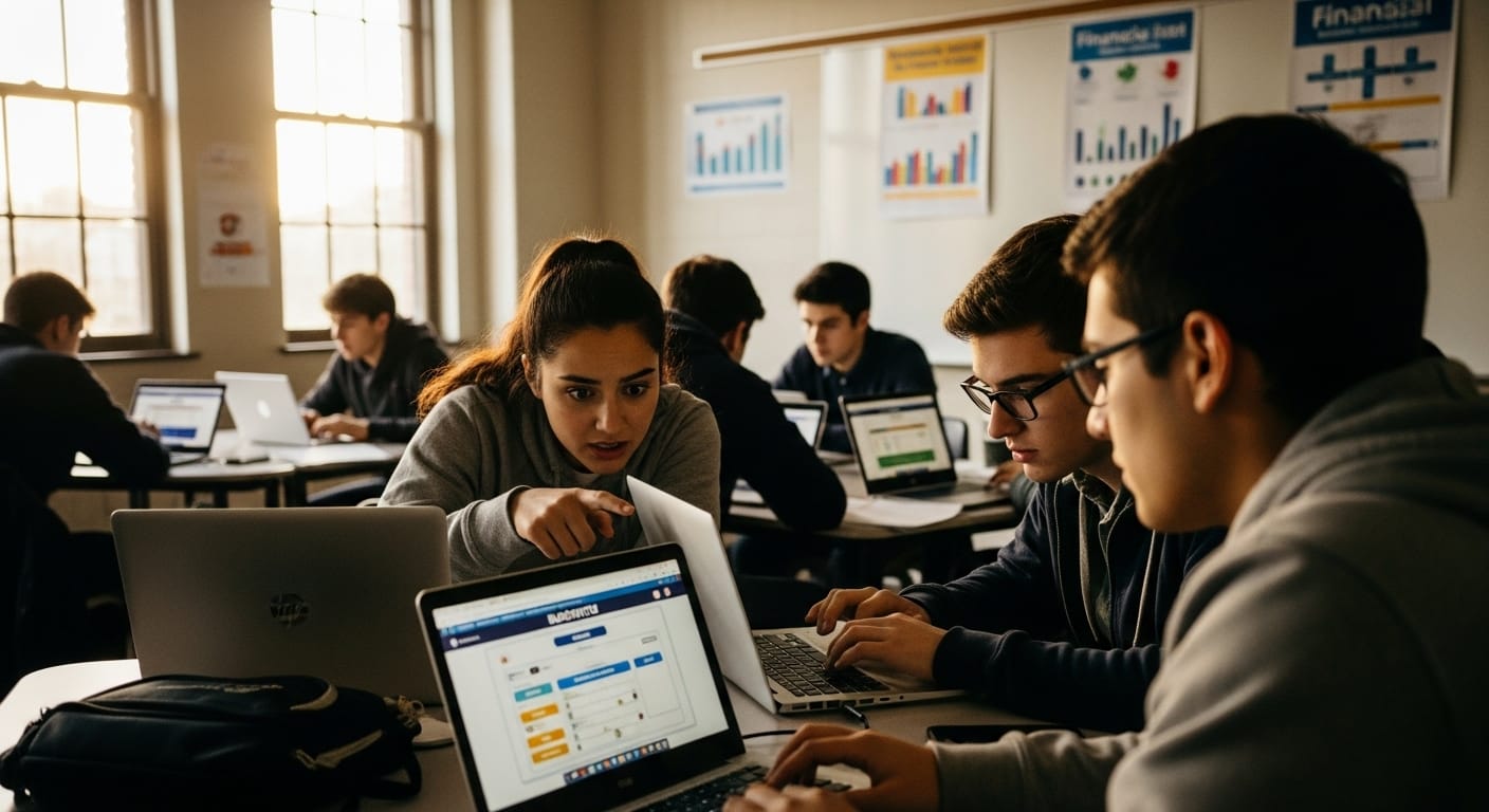  High school students using laptops to learn budgeting through educational games
