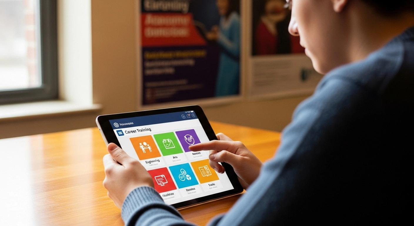 Student mapping out college and training routes for a career using an interactive app in class.