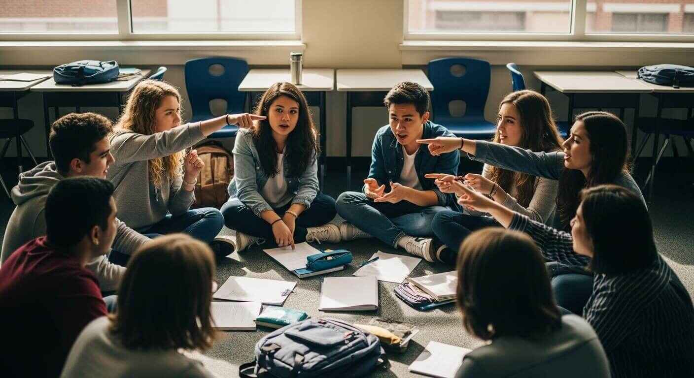 A circle of students engaged in structured dialogue during a Socratic Seminar.