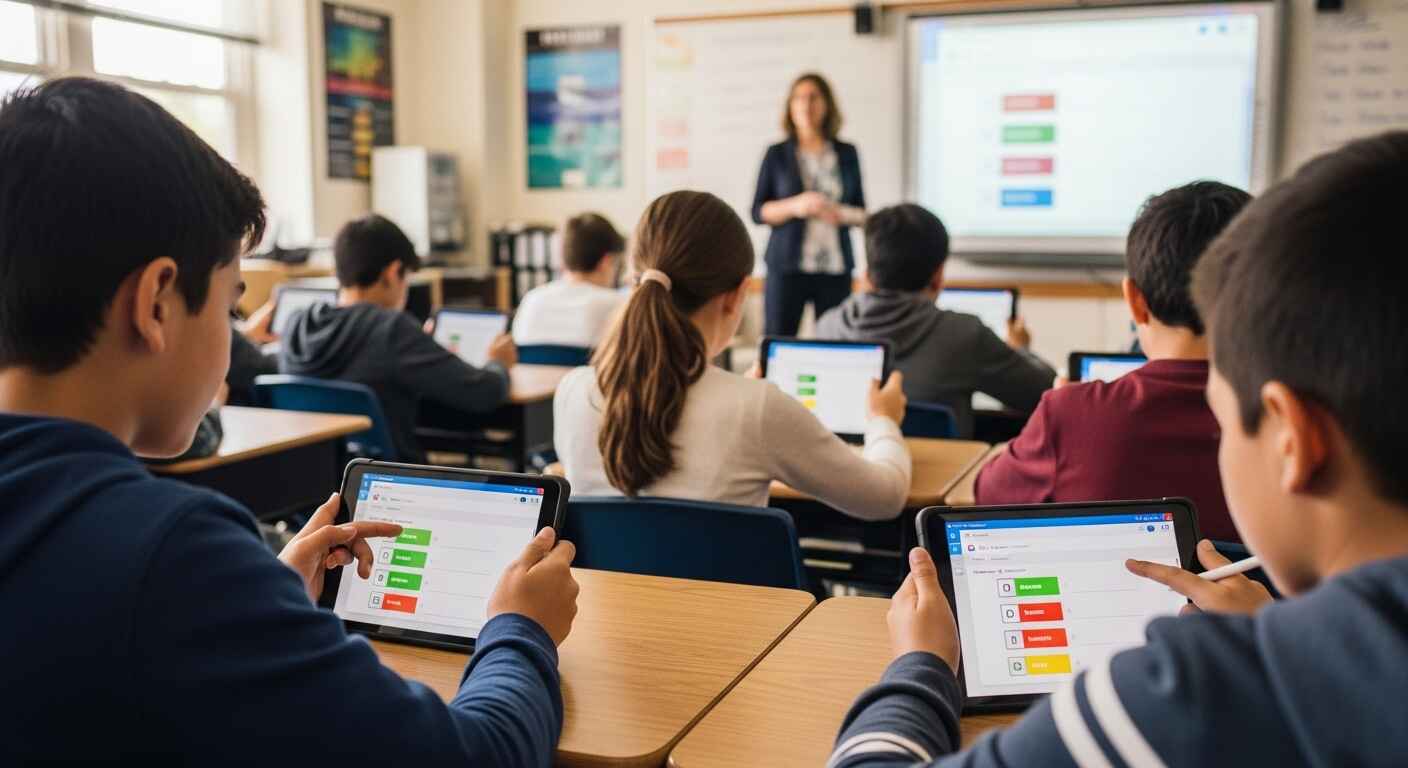 Students answering interactive questions on tablets, providing feedback to the teacher.