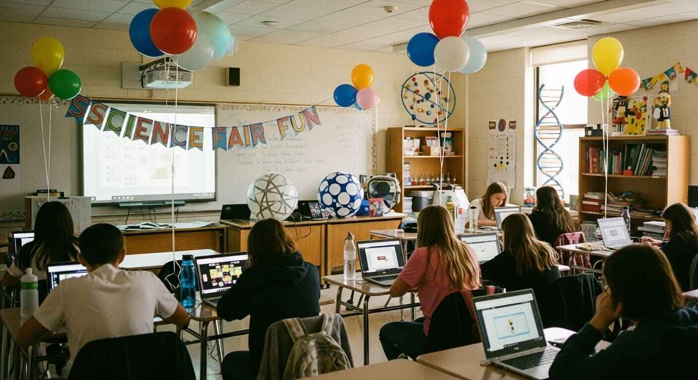 Students participating in a themed Gimkit session decorated for a school celebration