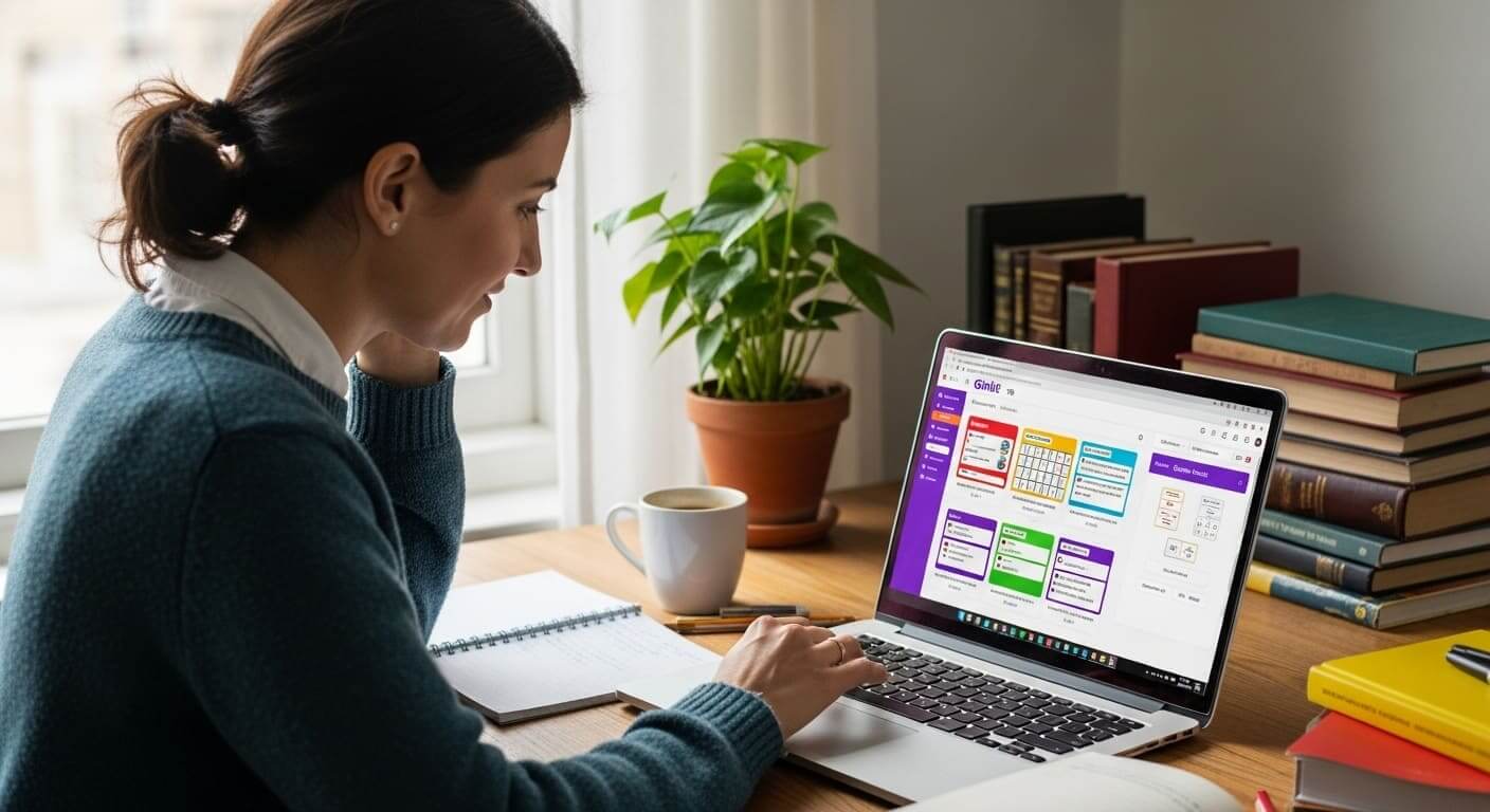 Teacher creating a Gimkit kit for a classroom escape room on a laptop.