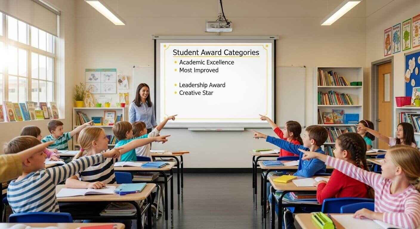 Teacher using a projector to display student awards and recognition during class.