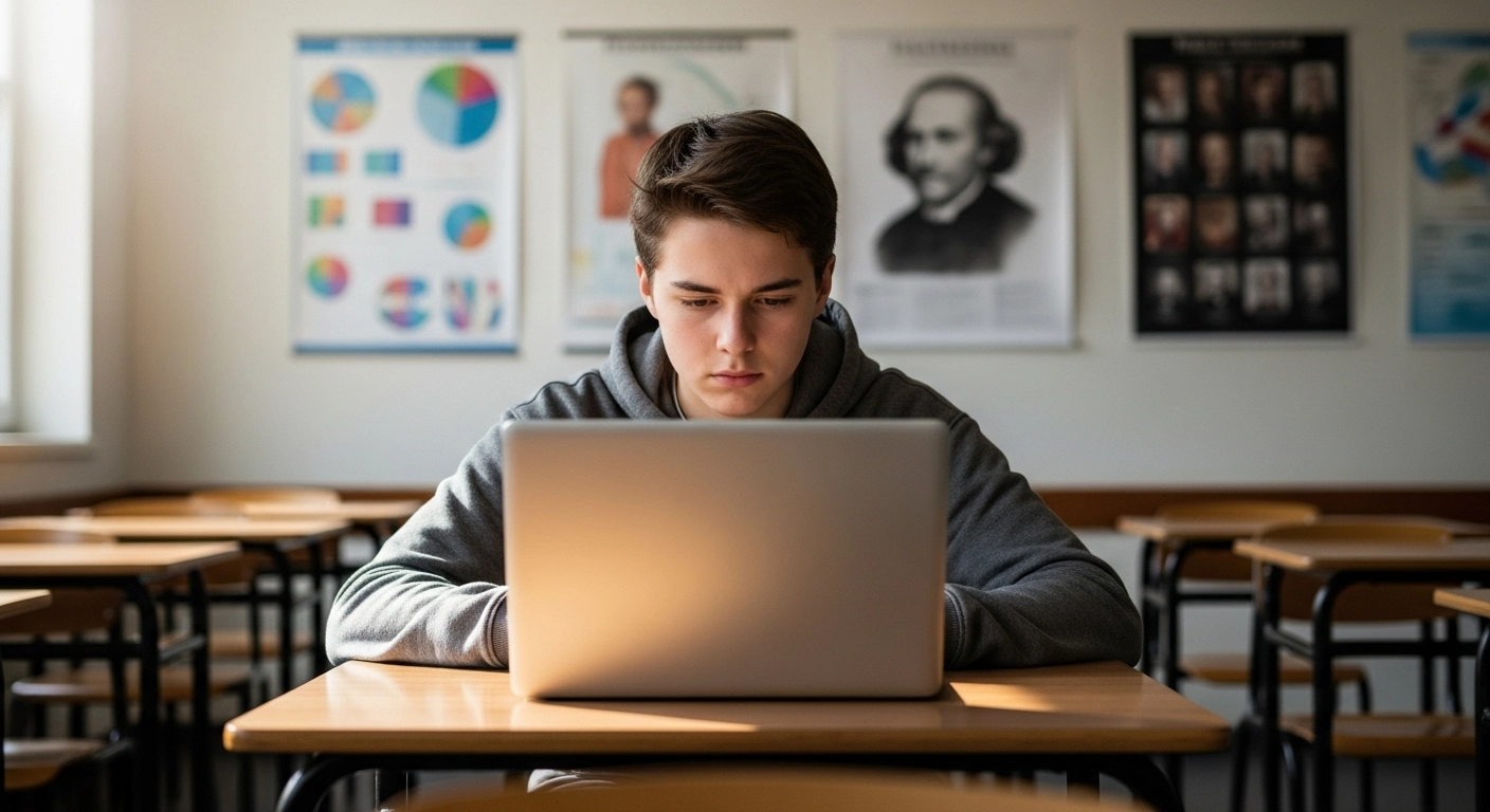 "High school student using a laptop alone in a quiet classroom, exploring career topics through solo gameplay in Gimkit