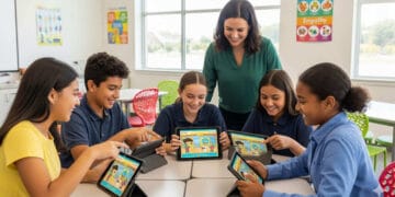 A diverse group of middle school students and their teacher using Gimkit for social-emotional learning, highlighting empathy and teamwork through a collaborative game on tablets in a bright, modern classroom.