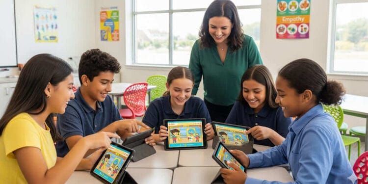 A diverse group of middle school students and their teacher using Gimkit for social-emotional learning, highlighting empathy and teamwork through a collaborative game on tablets in a bright, modern classroom.
