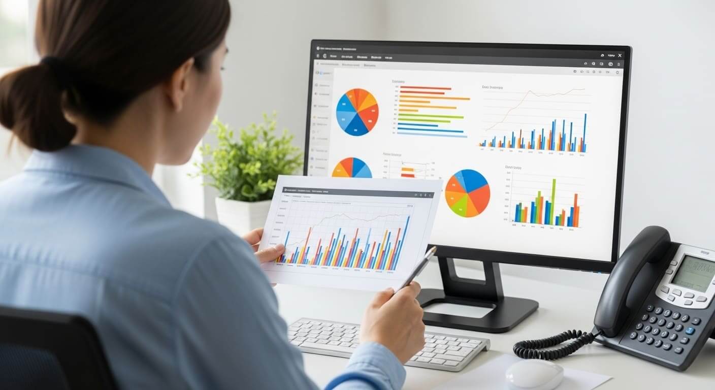 Educator reviewing detailed Gimkit reports on a computer screen to analyze student performance.