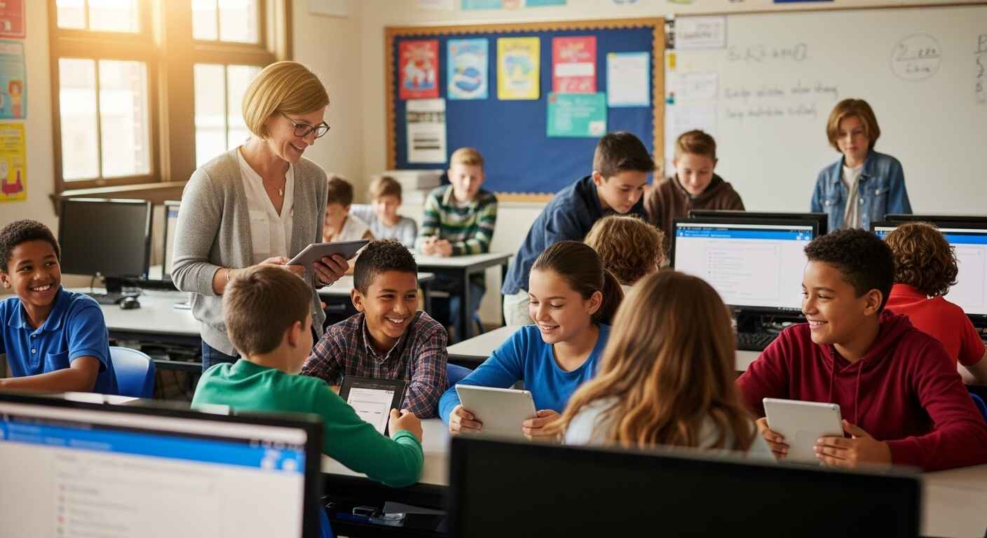 Students checking in for class using a digital quiz game, smiling and engaged.