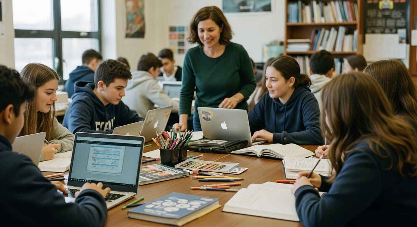 "Students combining Gimkit gameplay with collaborative classroom activities