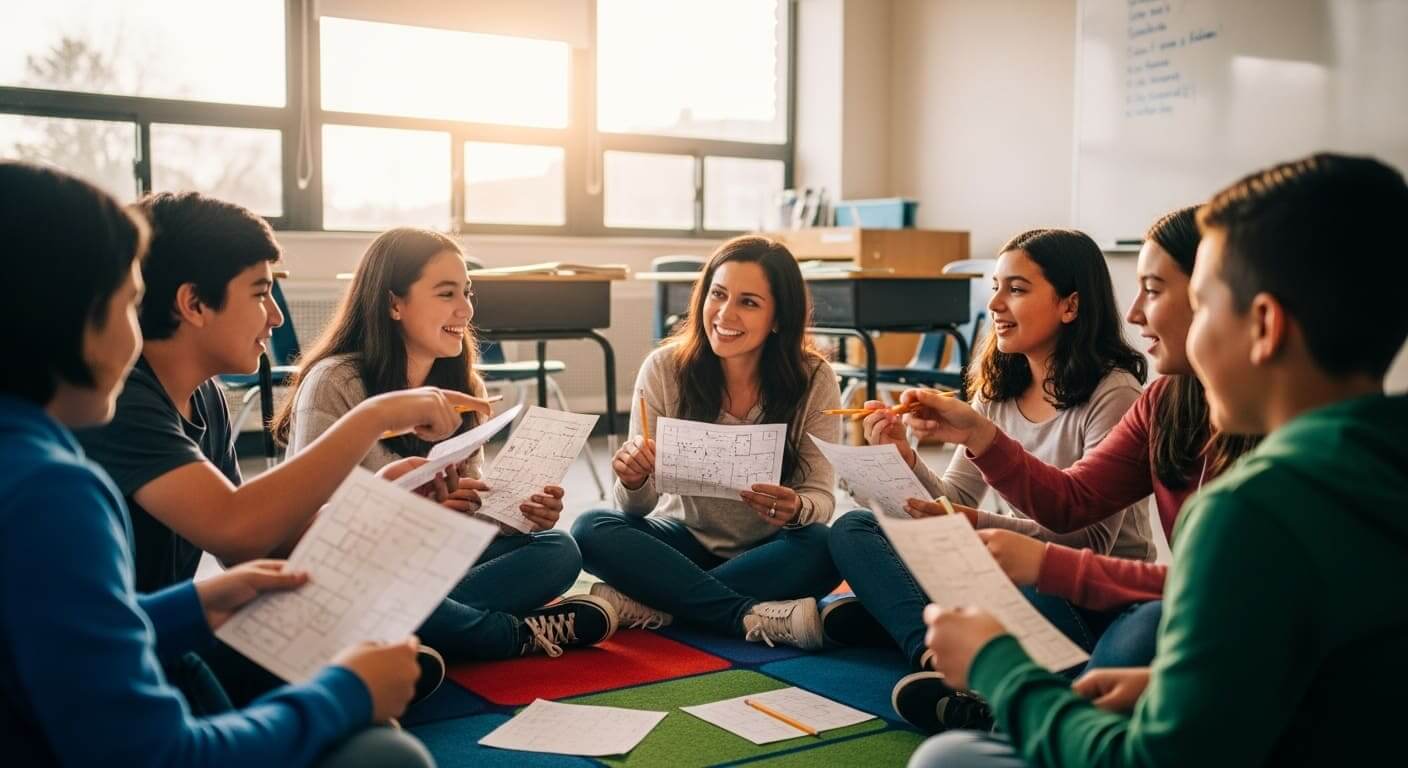 Teacher and students discussing escape room solutions after the game in a classroom.