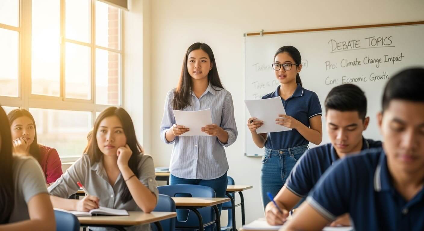 Two student teams presenting arguments in a structured classroom debate.