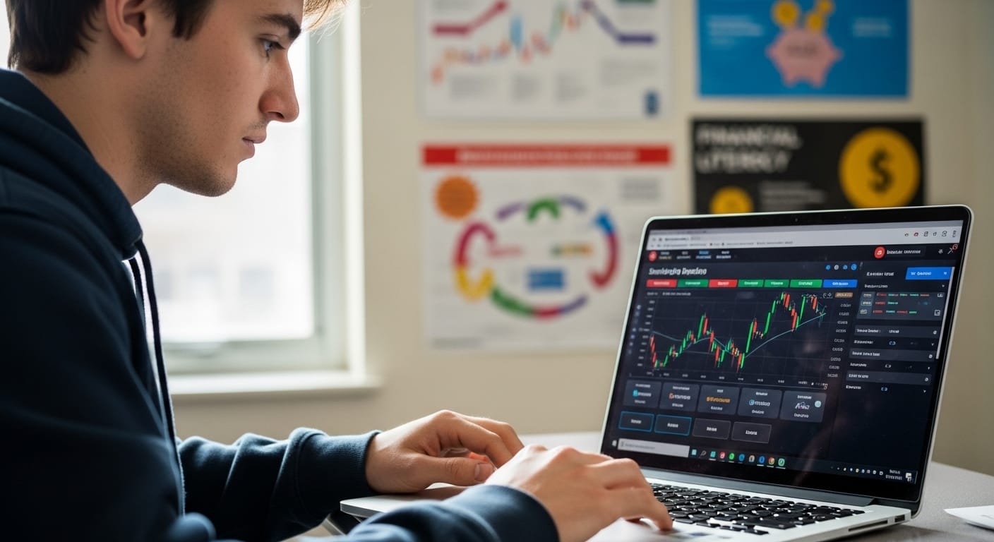  Student interacting with educational investment simulation on a laptop in a classroom