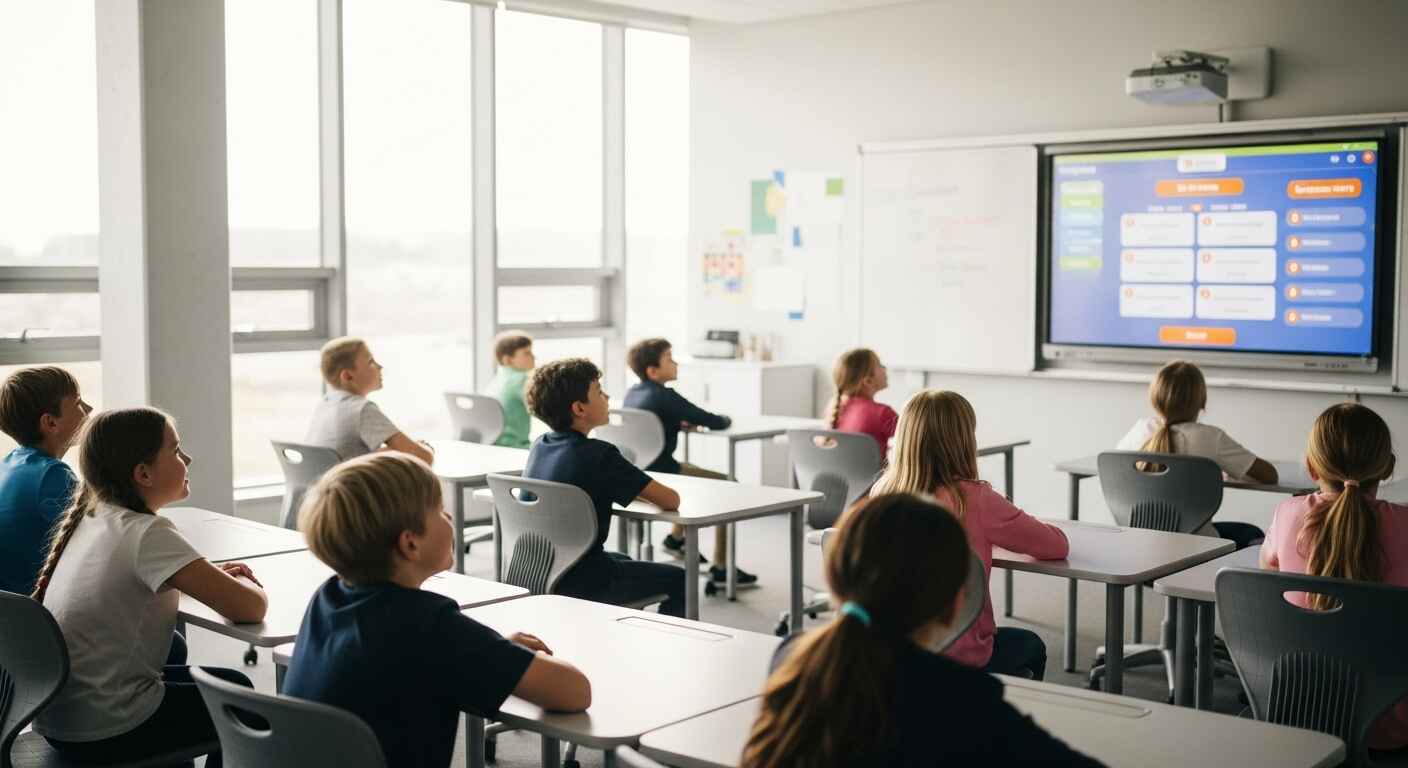 A classroom engaged in a warm-up activity using a live quiz projected on screen.