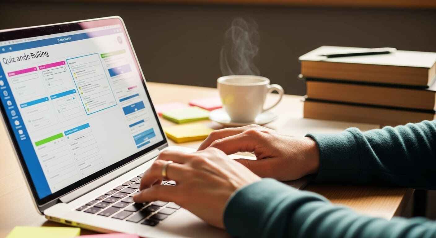 Teacher designing a creative Gimkit kit with unique question formats on a laptop 