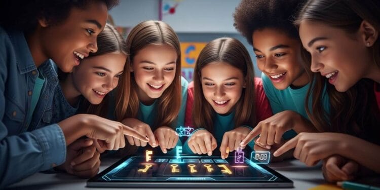 A diverse group of students working together on a tablet, solving a Gimkit digital escape room puzzle with glowing icons and a timer. This image shows collaborative learning and problem-solving in a modern classroom setting.