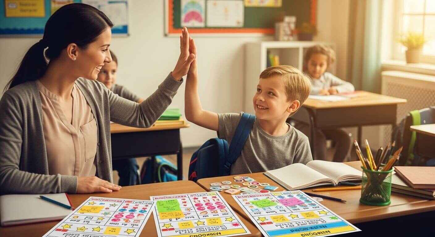 Teacher praising a student for improving their quiz accuracy and personal learning progress.