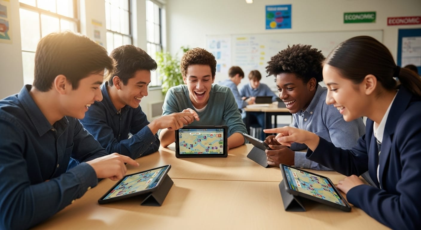 Students enjoying a tycoon-style economics game in a classroom using the Gimkit platform