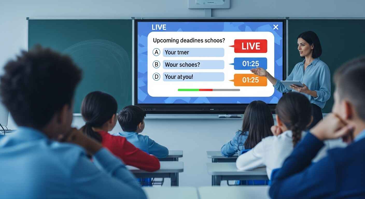 A digital screen showing reminders as part of a live classroom game while students pay attention.