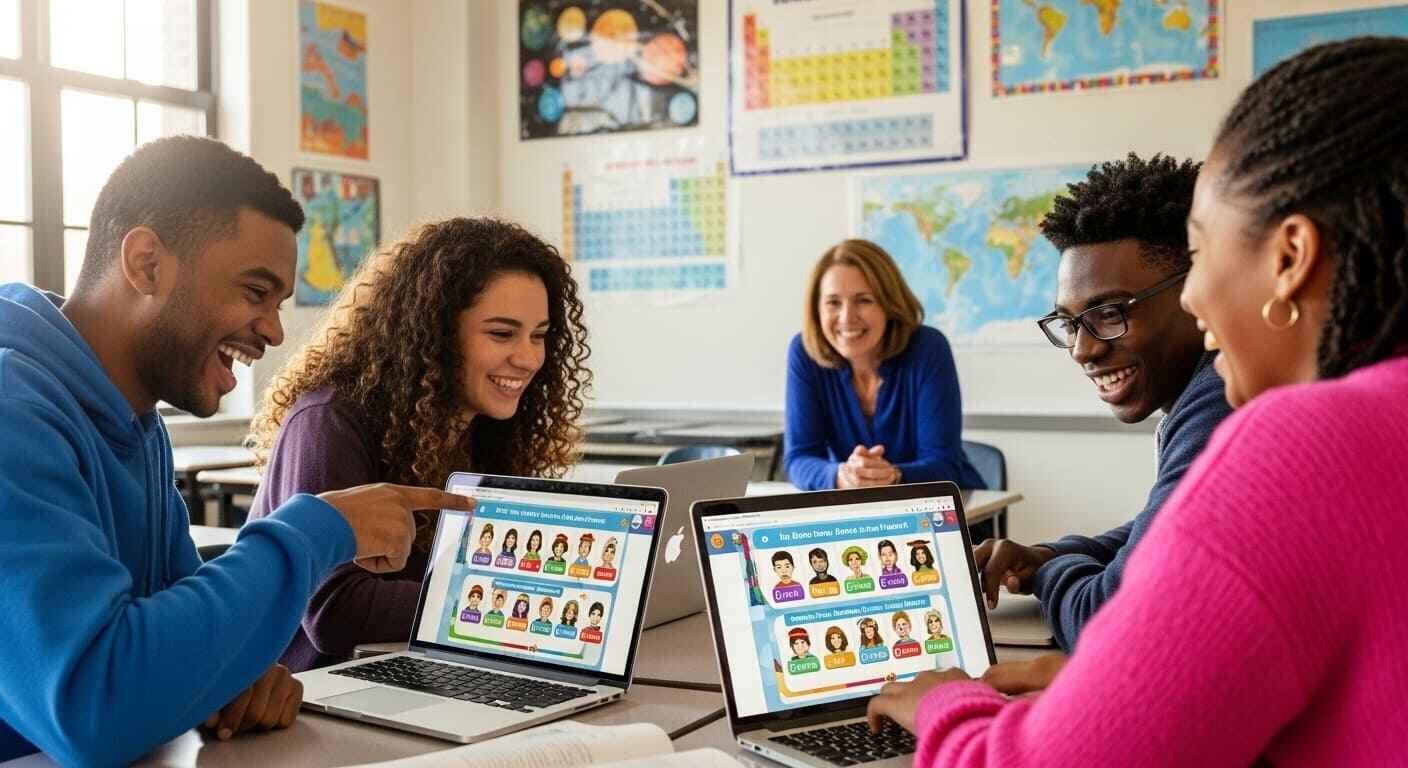 Students enjoying different Gimkit game modes on their laptops in a collaborative setting