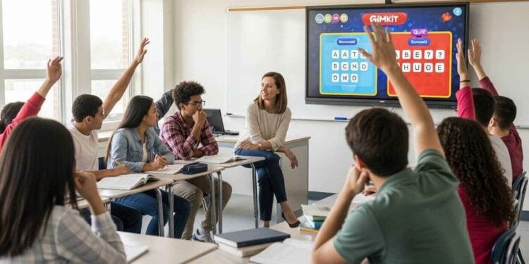 A diverse classroom of high school students engaged in an ethical debate sparked by Gimkit, guided by their teacher to encourage critical thinking and meaningful discussion.