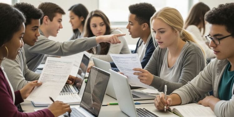 A diverse group of focused students actively engaging with laptops, textbooks, and financial documents in a modern classroom setting, illustrating early tax education and financial literacy.