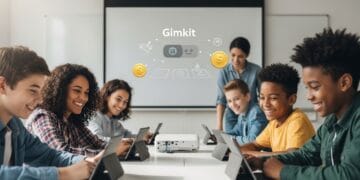 A photo of a diverse group of smiling students in a modern classroom, actively engaged with tablets. A teacher is shown smiling positively at the front, with a subtle visual of a Gimkit reward system on a large screen, representing effective positive behavior support and student motivation.