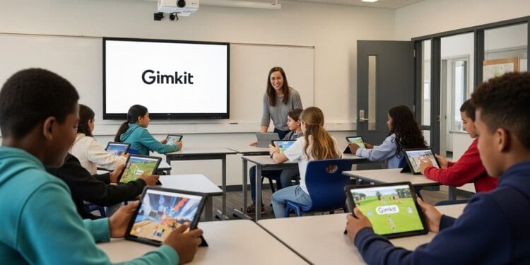 A diverse group of middle school students actively using laptops and tablets in a brightly lit classroom, with a Gimkit logo on a large screen at the front, demonstrating a lively and focused classroom routine at the start of the day. A teacher calmly observes the activity.