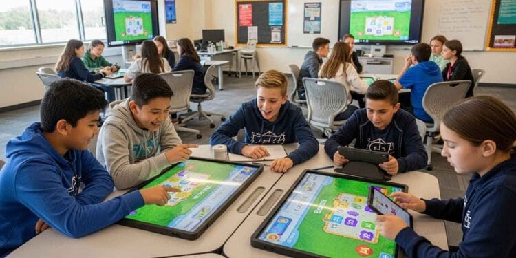 A vibrant, high-quality photo of diverse students actively participating in a Gimkit game in a modern, brightly-lit classroom, demonstrating focused engagement and collaborative learning.