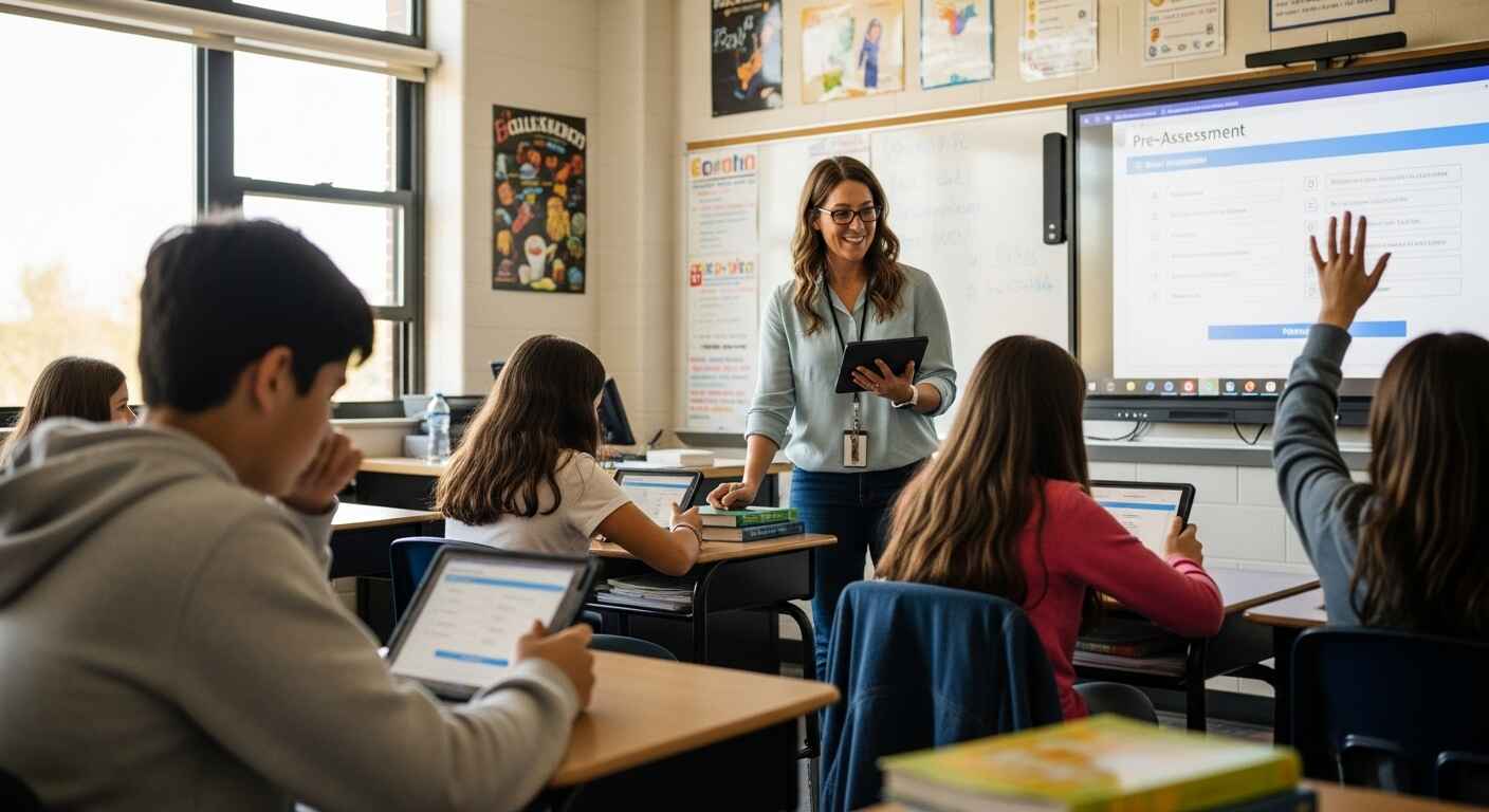 Teacher assessing students’ prior knowledge with a tablet-based pre-assessment tool before starting a new lesson