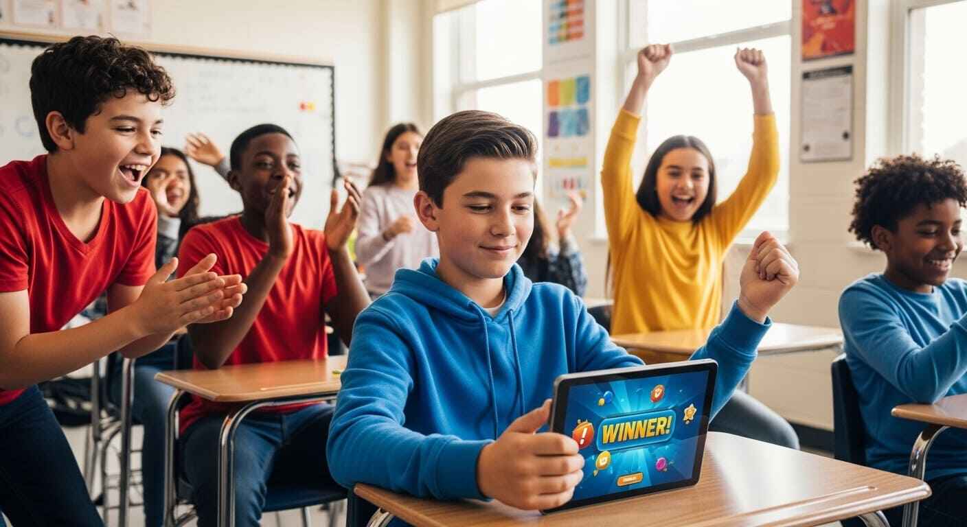 Middle school student playing Gimkit Trust No One game, confidently answering on tablet while classmates react with excitement.