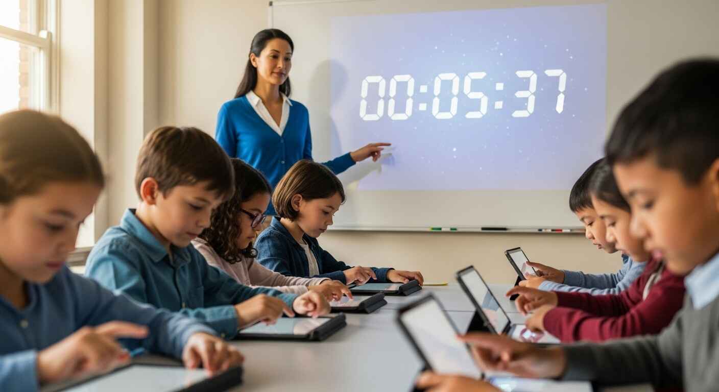 Classroom digital timer projected on a screen while students play an educational game, helping teachers manage time effectively.